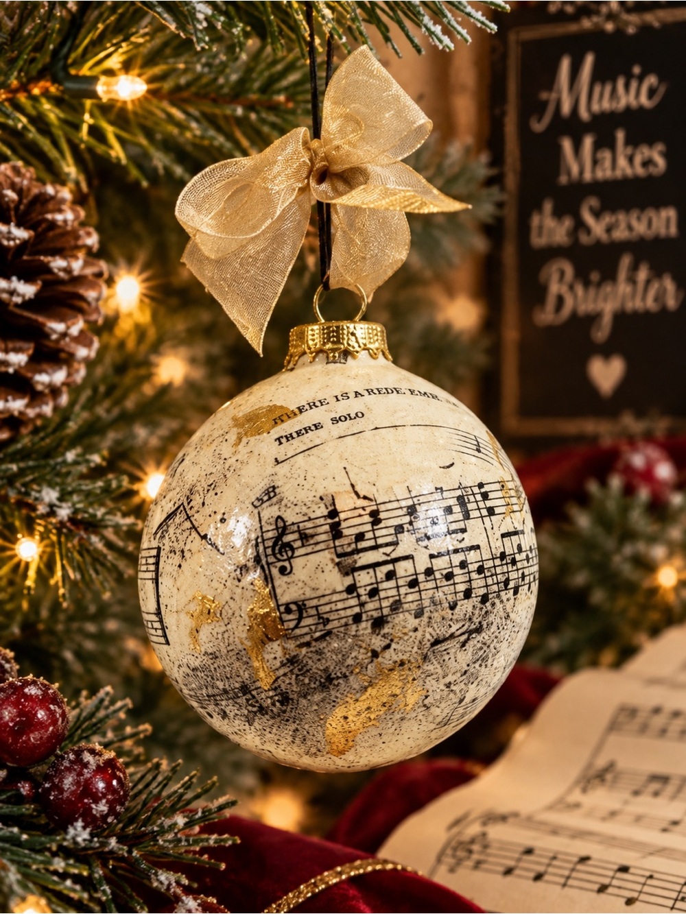 Sheet Music Gold Tone Art Christmas Tree Ornament Artisan Made Hand Crafted
